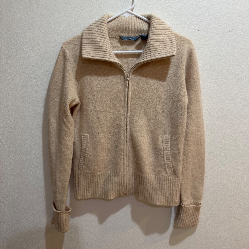 Hillard & Hanson Womens Lambswool Angora Zip Up Cardigan Sweater Beige Tan Small